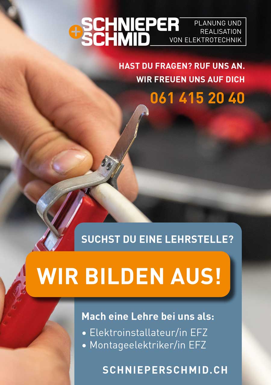 Suchst du eine Lehrstelle? Wir bilden aus. Mach eine Lehre bei uns als Elektroinstallateur/in EFZ oder Montageelektriker/in EFZ Schnieper+Schmid AG in Muttenz